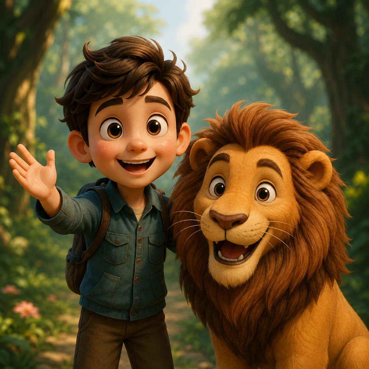 A young storyteller waving beside a friendly lion